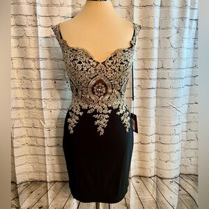 Abby Paris NWT Black and Gold Mini Formal Beaded Mini Formal  Dress. Size 6